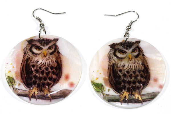 Perched Wise Owl Mother of Pearl Earrings