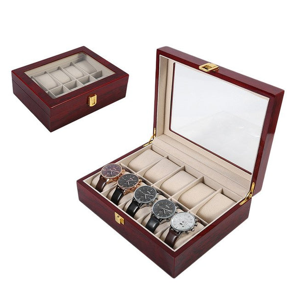 10 Grids Solid Red Wooden Watch Box Jewelry