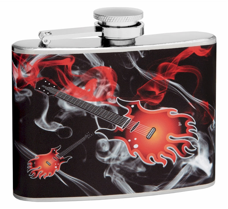 4oz Flaming Guitar Music Theme Hip Flask, Gift Box, Funnel and Shot