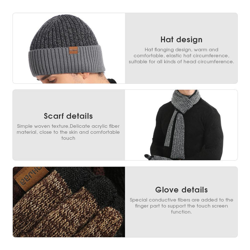 3 Pcs Winter Warm Beanie Hat Long Scarf Touchscreen Gloves Set