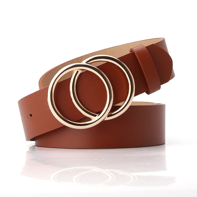 Women Leather Belt with Double O-Ring Buckle Faux Leather Waist Belts