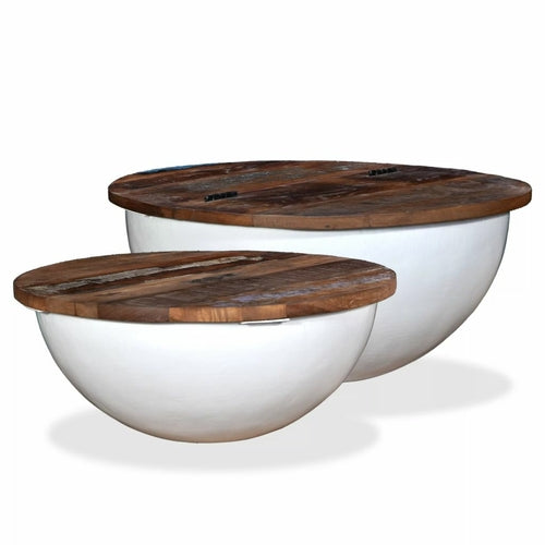 2 Piece Coffee Table Set Solid Reclaimed Wood White Bowl Shape