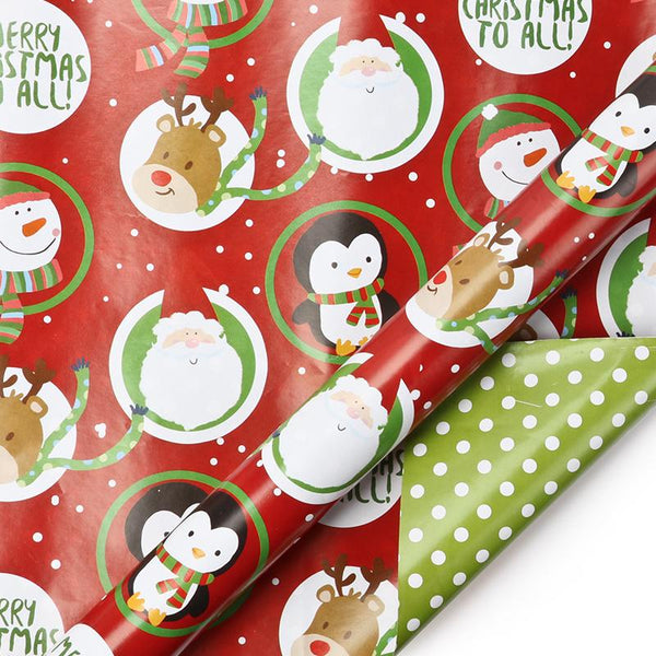 Red/Green Reversible "Xmas Snowman Santa & Polka Dot" Wrapping Paper