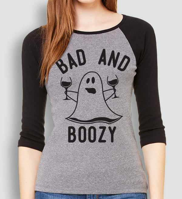 BAD & BOOZY Ghost Glasses Halloween Baseball Tee -