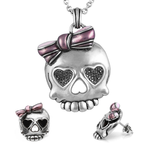 Bejeweled Badass in Pink Skull Necklace & Earrings Set