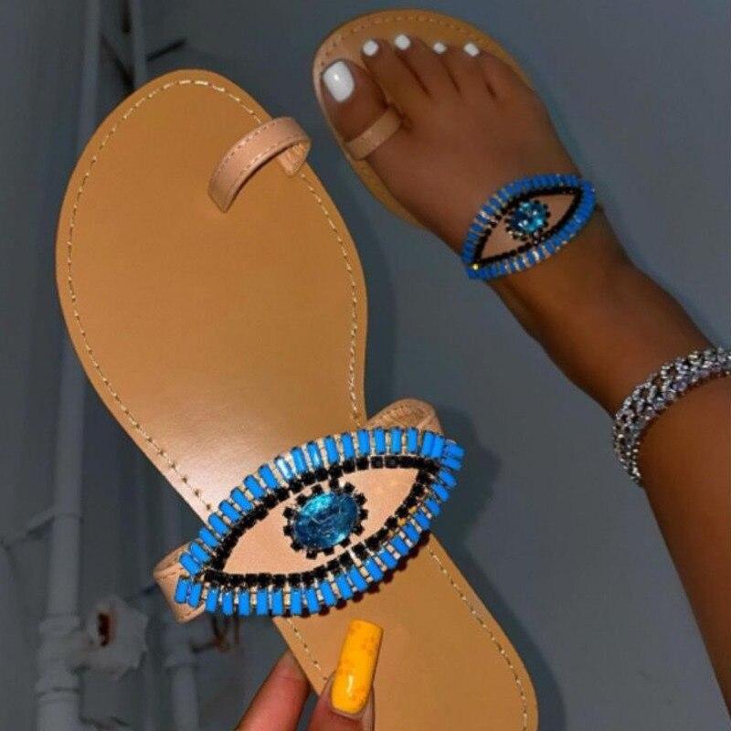 Female Rhinestone Eyes Slides Fashion Round Toe Flat Slippers