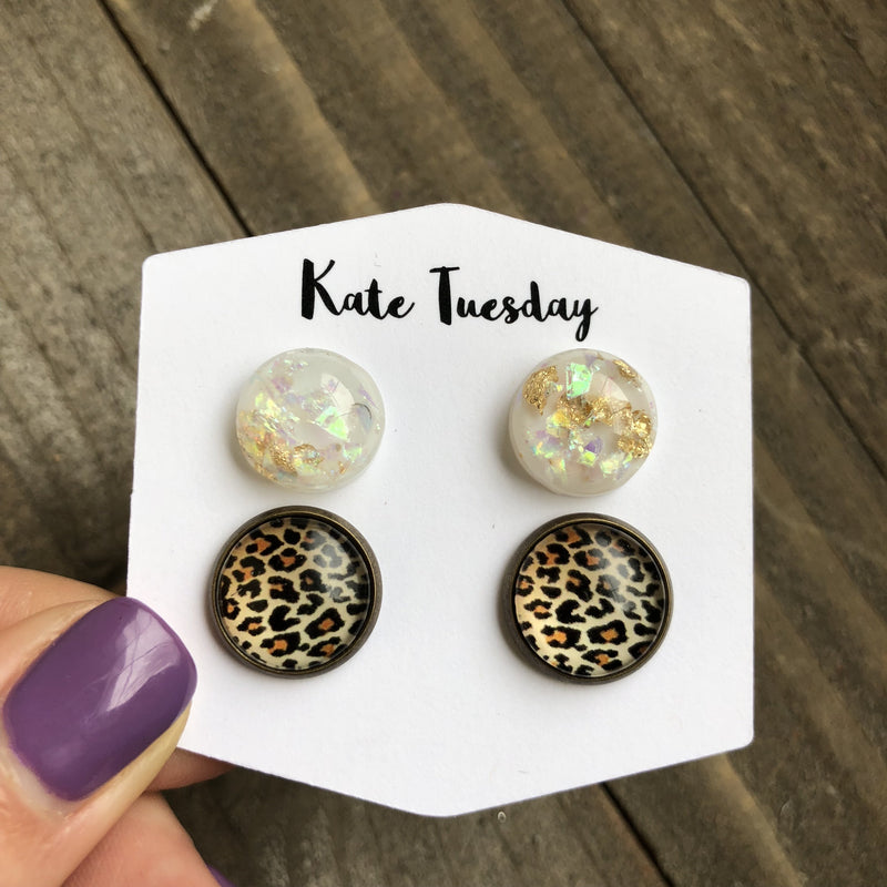 Double White Gold Flake and Cheetah Earrings