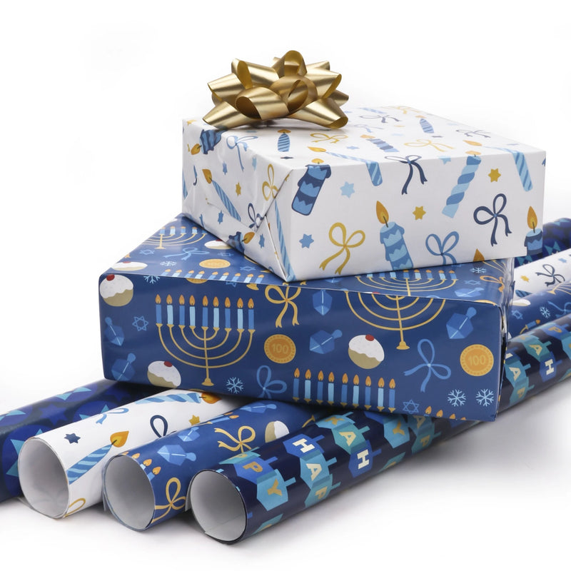 Chanukah Star of David Wrapping Paper Sheets - Blue/Multi - 4 (30" x