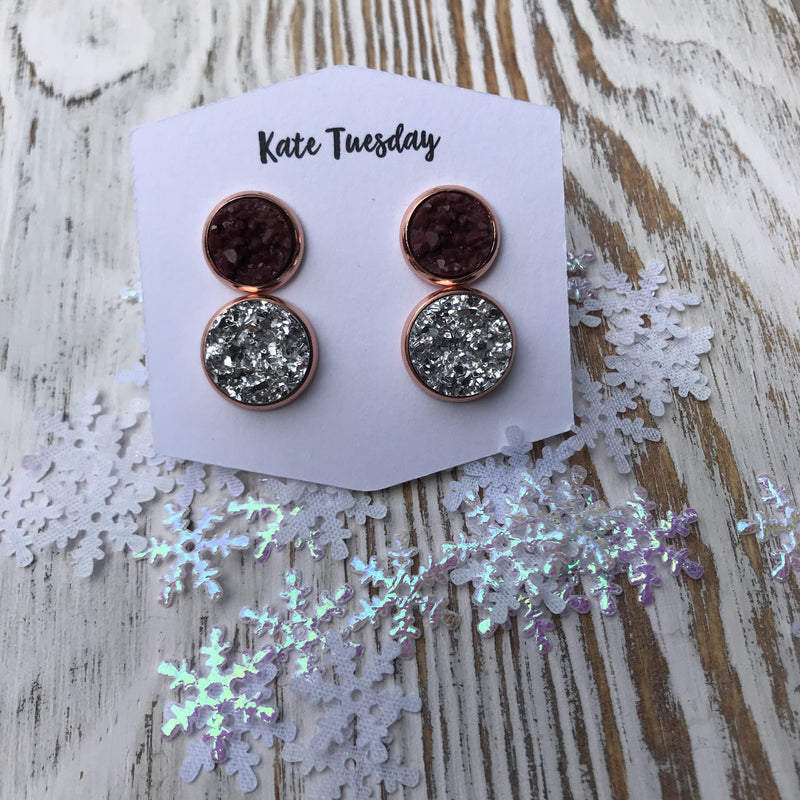 Maroon + Silver Christmas Holiday Druzy Earrings Double Set
