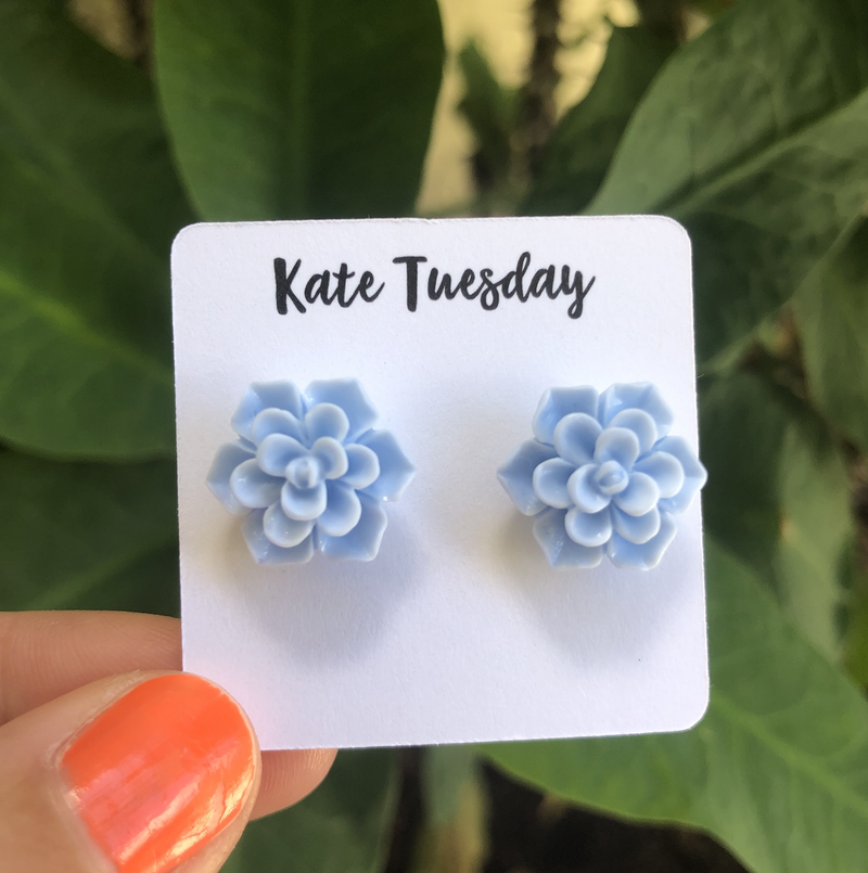 Succulent Flower Stud Earrings - Baby Blue
