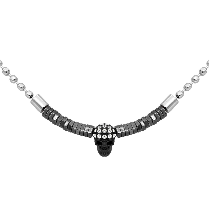 Steel Ball  Black skull with Black hematite beads Necklace