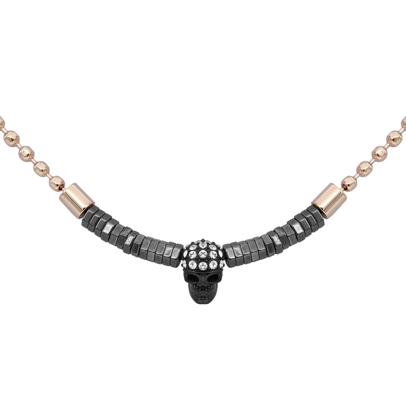 Rose Gold Plated Ball chain  Black skull with Black hematite beads