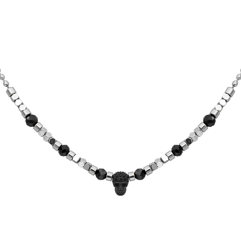 Black Spinel beads with Silver color hematite beads skull necklace