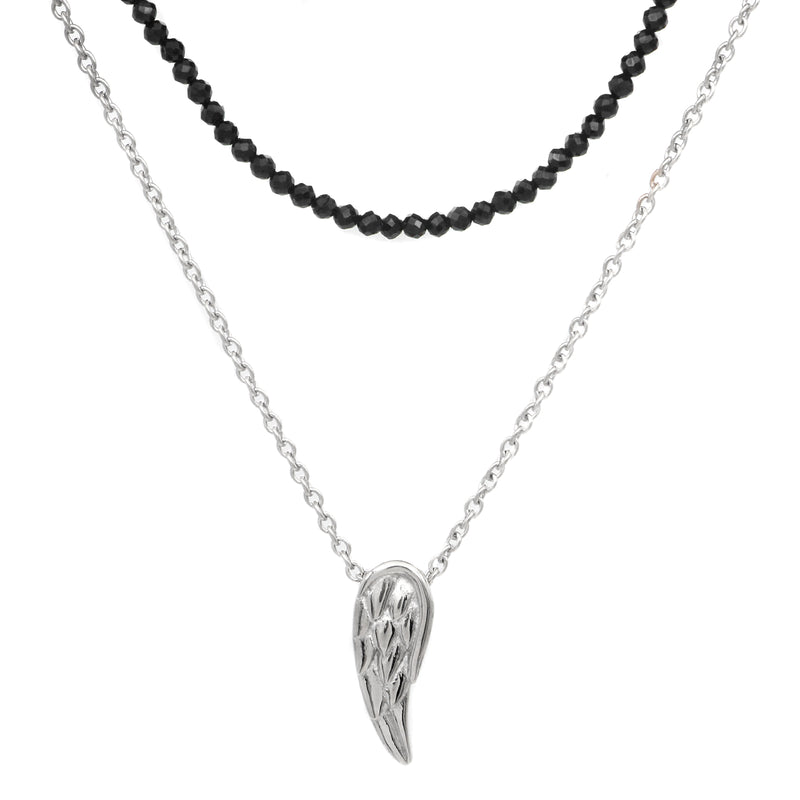 Black Spinel Beaded Steel wing double chain necklace