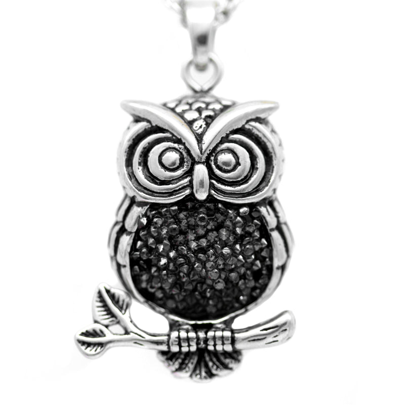 Owl Necklace "Mid-nighter" Bird Pendant with Black Cubic Zirconia