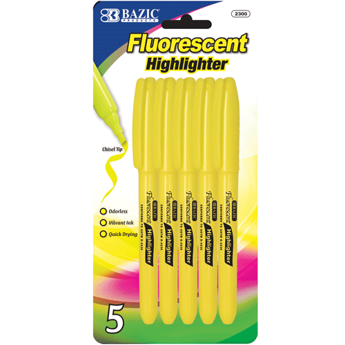 Bazic  2300  Yellow Pen Style Fluorescent Highlighter w/ Pocket Clip (