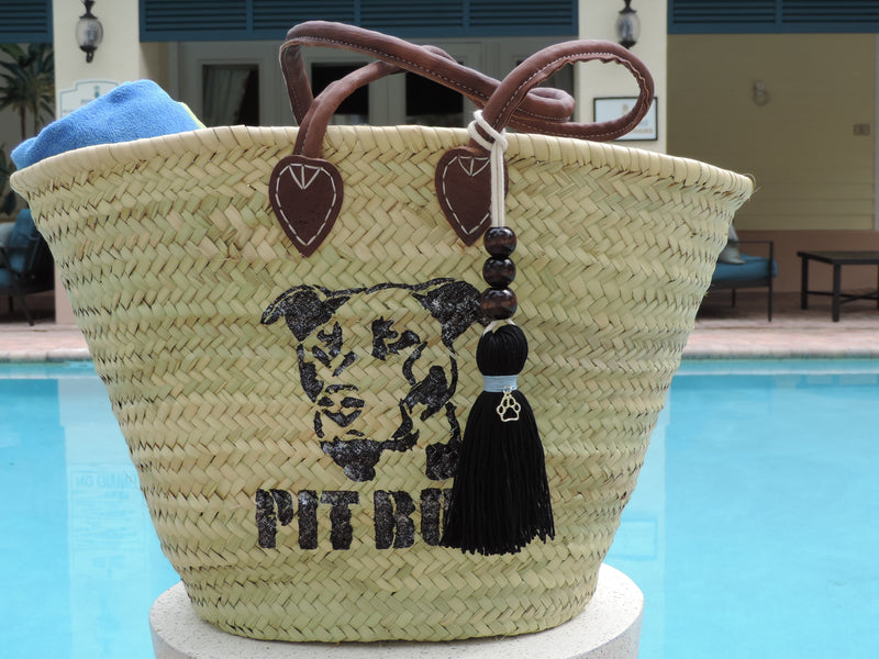 Straw bag with Hand-Painted Pit Bull