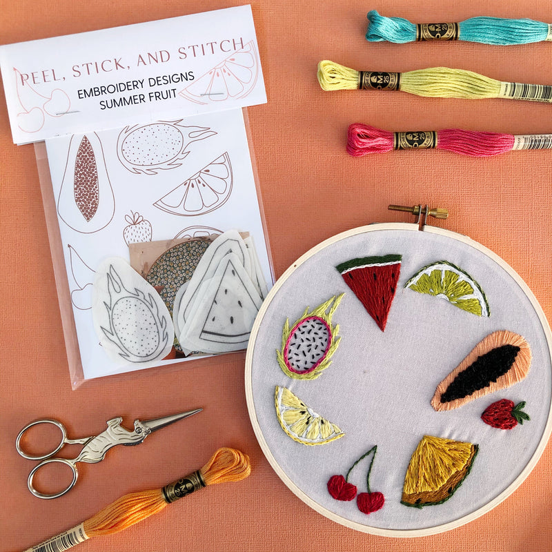 DIY Embroidery Pattern. Peel Stick and Stitch Fruit Designs