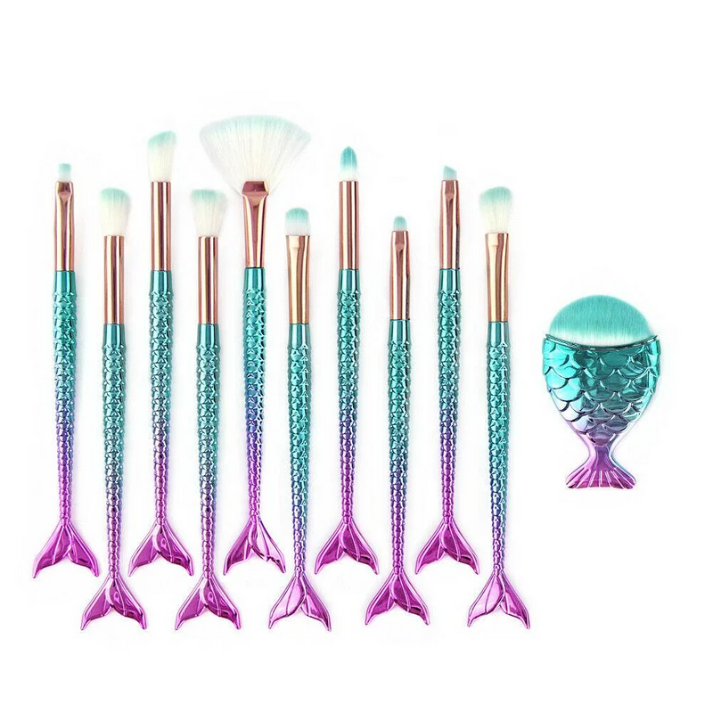 11pcs mermaid-gradient blue with fan-shaped makeup brush