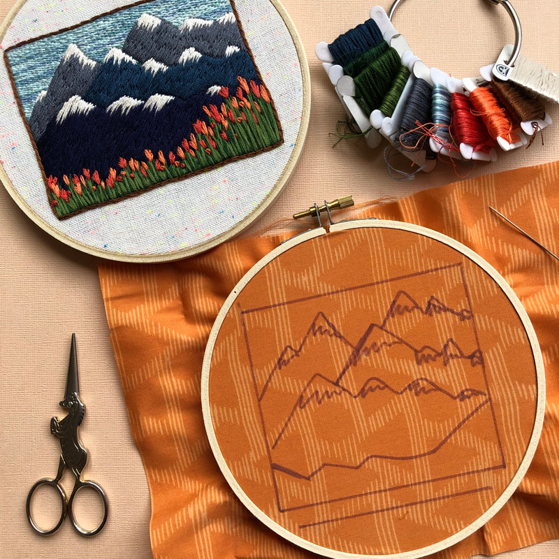 Mountain Landscape with Tulips DIY Beginner Embroidery Kit