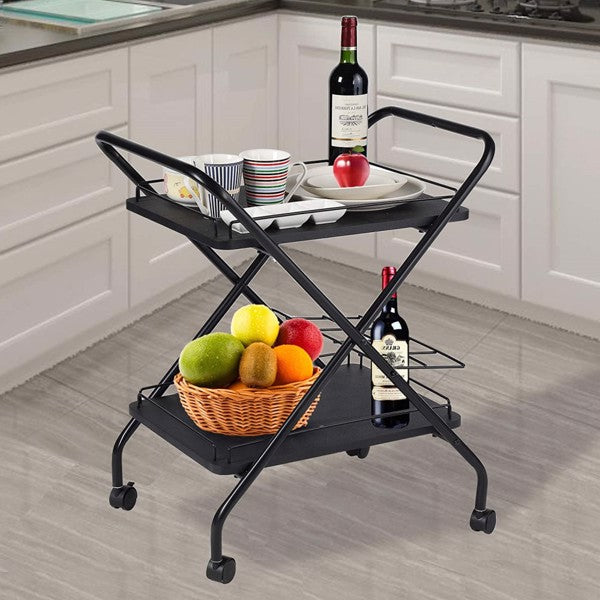 2-Tier Rolling Utility Cart with Wheels Bar Service Car With Wine Rack