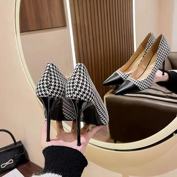 New pointed toe splice Houndstooth high heel shoes