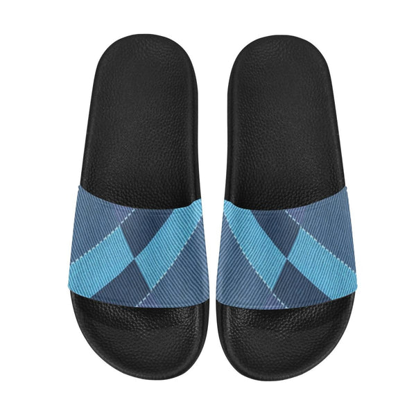 Flip-Flop Sandals, Blue Denim Grid Style Womens Slides