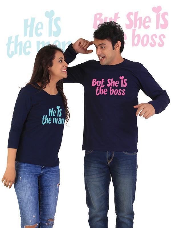 He is the Man, She is the Boss Couple Full Sleeves Navy Blue
