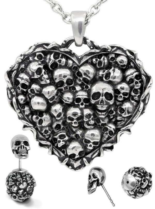 Captivated Souls Heart Skull Necklace & Earrings Set